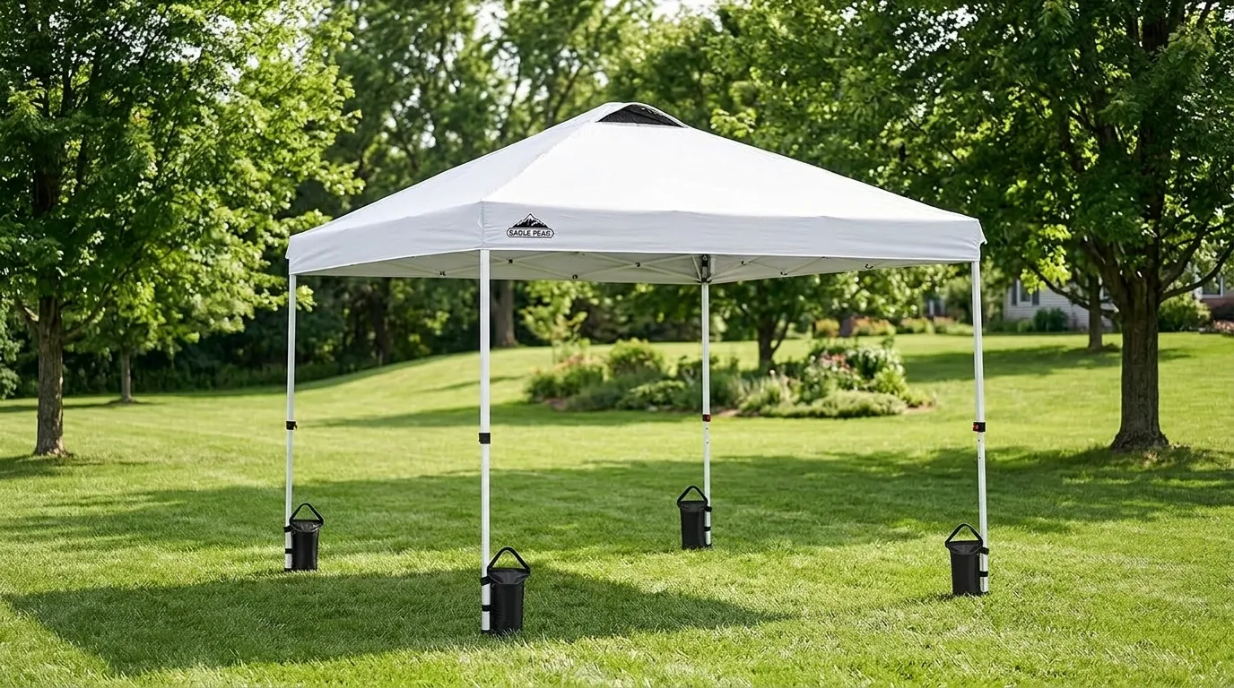 Eagle Peak canopy 10x10 with a vented peak and four weight bags on a lawn