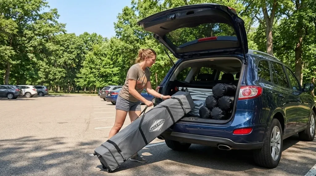Loading the wheeled bag of an Eagle Peak canopy 10x10 into a car trunk