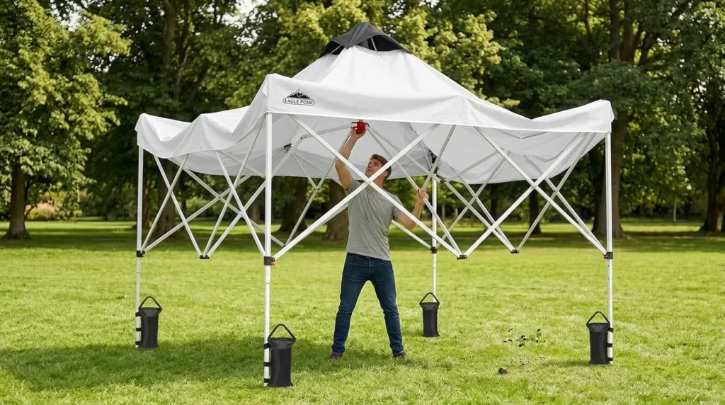 Setting up an Eagle Peak pop up canopy tent with the PeakPush center lock