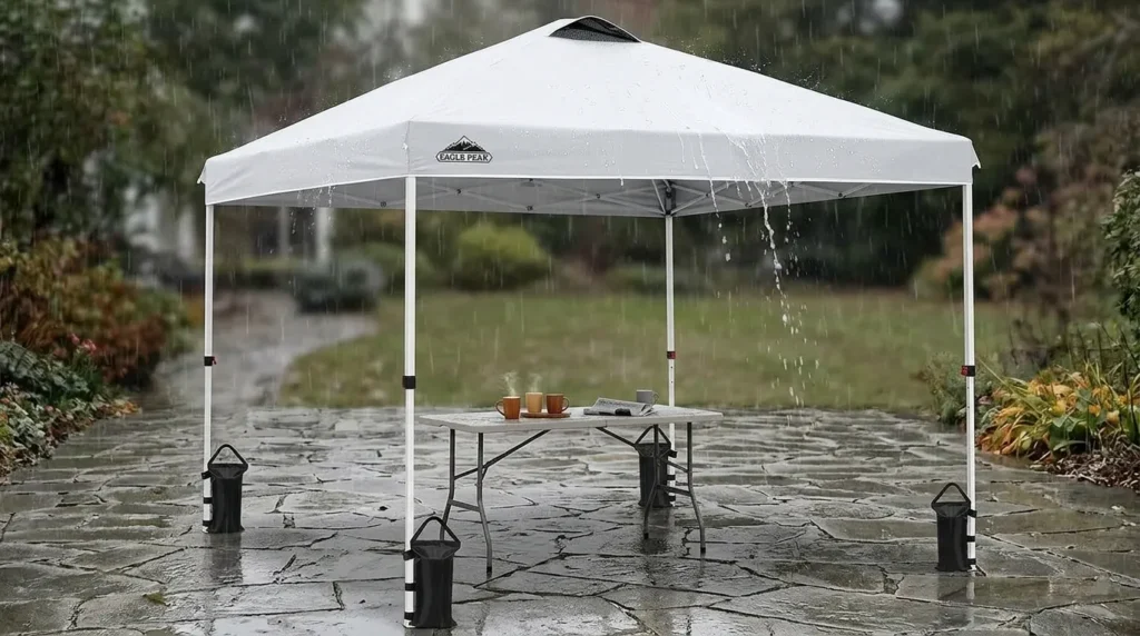 Eagle Peak pop up canopy tent with vented peak shedding light rain