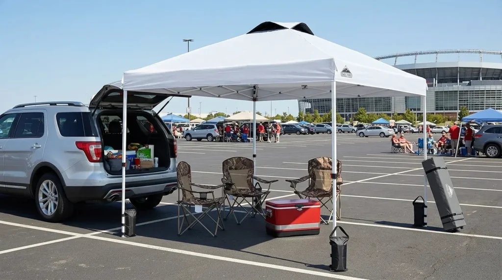 How to choose between cheap and premium pop-up canopy tent: Eagle Peak pop up canopy tent set up at a tailgate next to an SUV