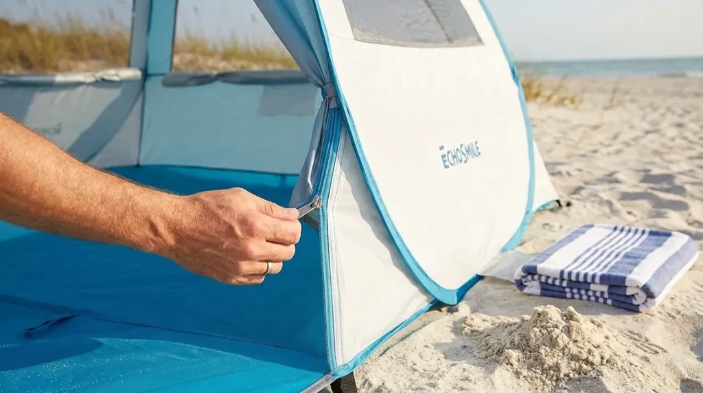 Zipping shut the front door of an EchoSmile pop up tent