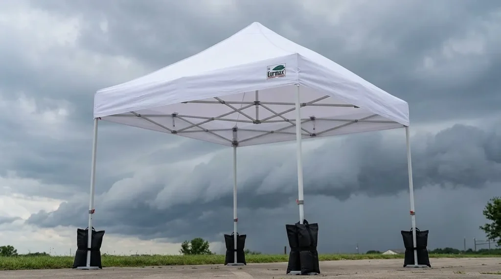 How durable are pop-up canopy tents in severe weather: Eurmax USA pop up canopy tent set up before a storm with weight bags on every leg
