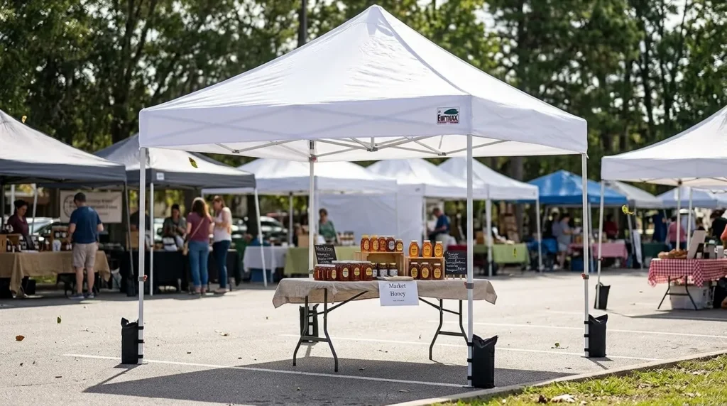 Eurmax USA pop up canopy tent anchored with four weight bags at a farmers market