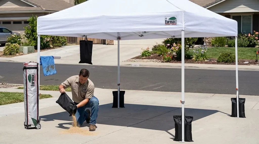 Rinsing the weight bags and legs of a Eurmax USA pop up canopy tent