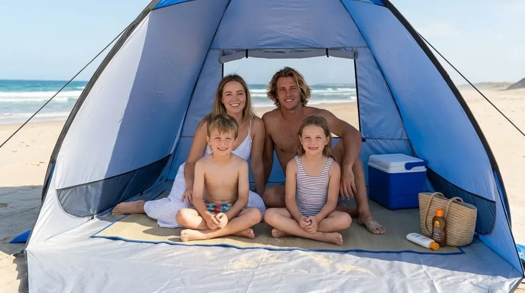 Family sitting inside a Glymnis pop up beach tent on the sand
