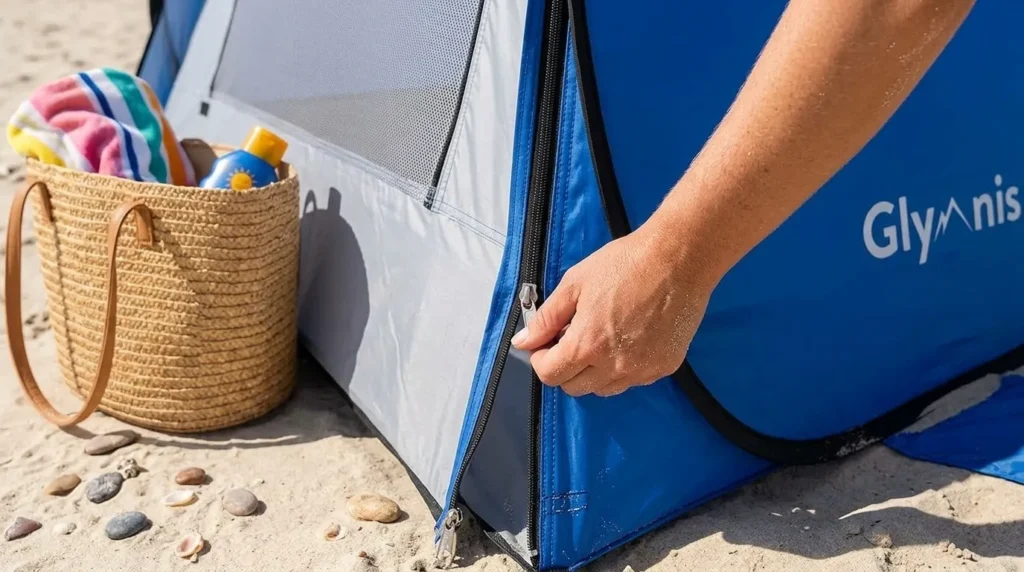 Zipping shut the enclosed front door of a Glymnis pop up beach tent