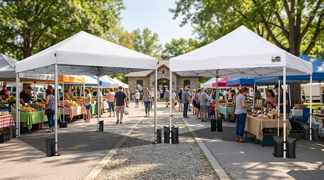 A Vinabilia pop up canopy tent and a Eurmax USA pop up canopy tent set up side by side