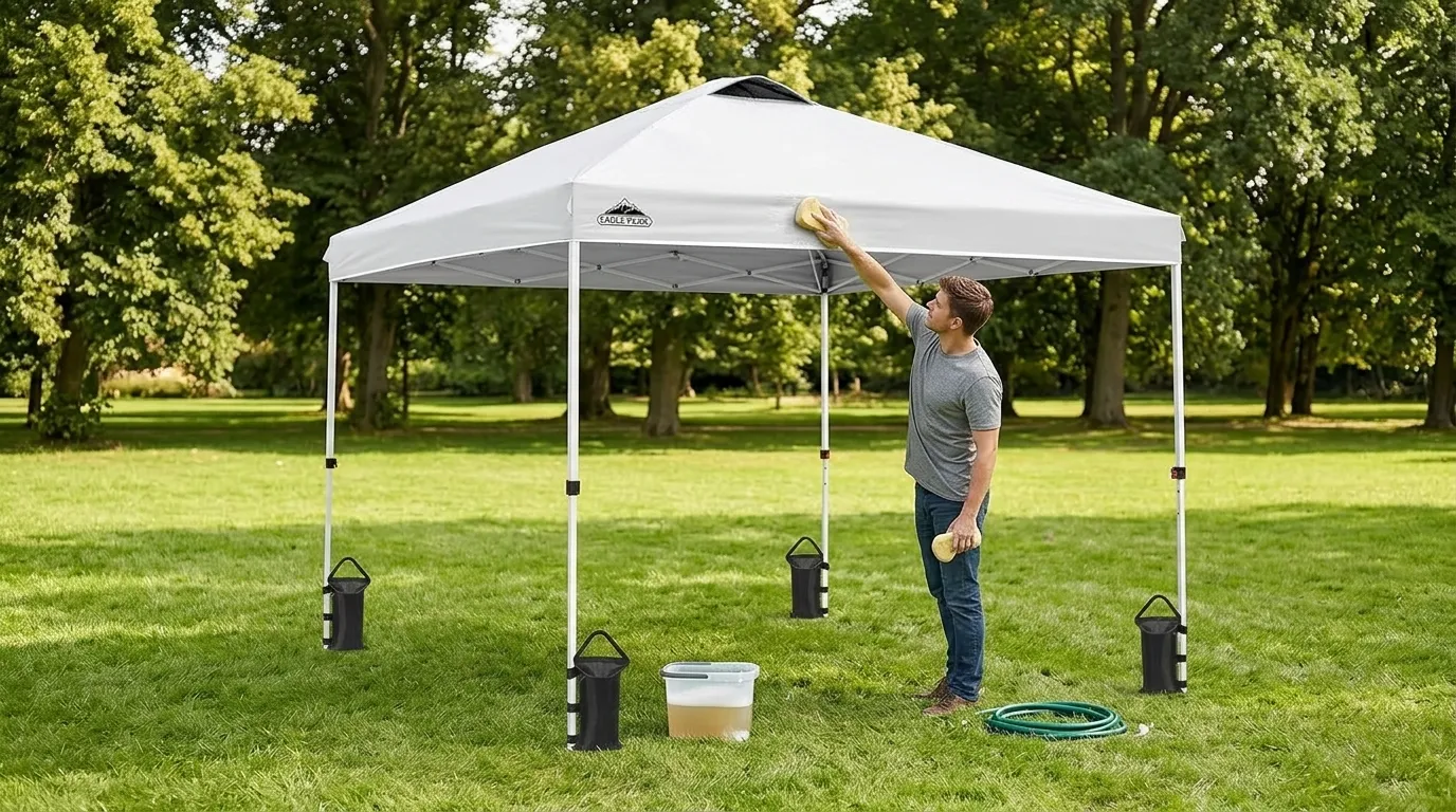 Cleaning an Eagle Peak pop up canopy tent with a soft brush, bucket, and garden hose in the shade