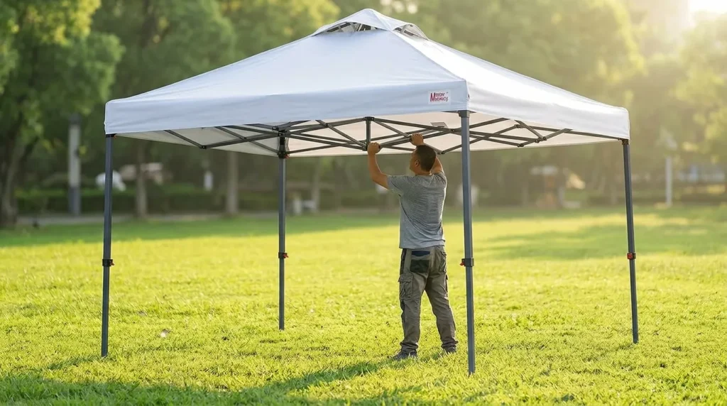 Pushing up the central hub on a MASTERCANOPY 10x10 pop up canopy