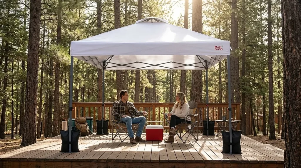 Two people relaxing under a MASTERCANOPY 10x10 pop up canopy with a vented top on a wooden deck