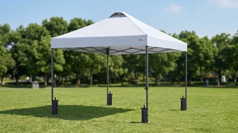 MASTERCANOPY 10x10 pop up canopy with a vented top and a red and white roller bag on a lawn