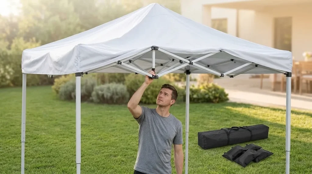 Pushing the one push center lock on a Vinabilia pop up canopy