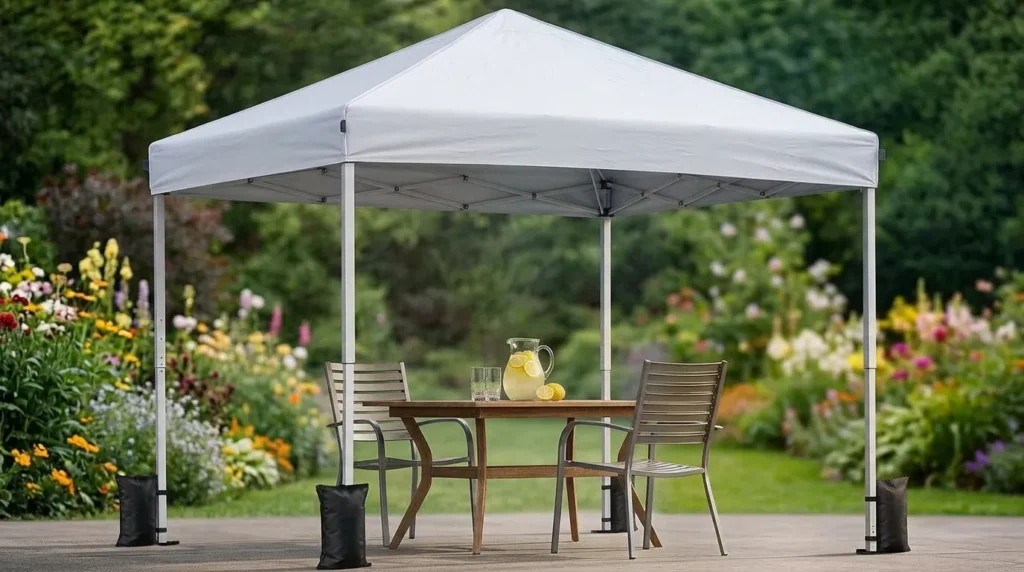 Vinabilia one push pop up canopy shading a patio table on a bright day with light drizzle starting