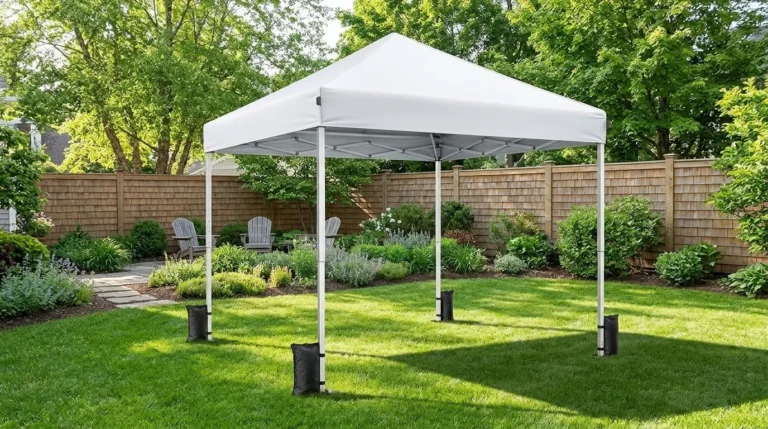 Vinabilia one push pop up canopy with four sandbags and a black carry bag on a lawn