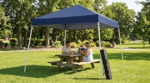 Oneofics 10x10 slant leg canopy in navy blue over a picnic table in a park