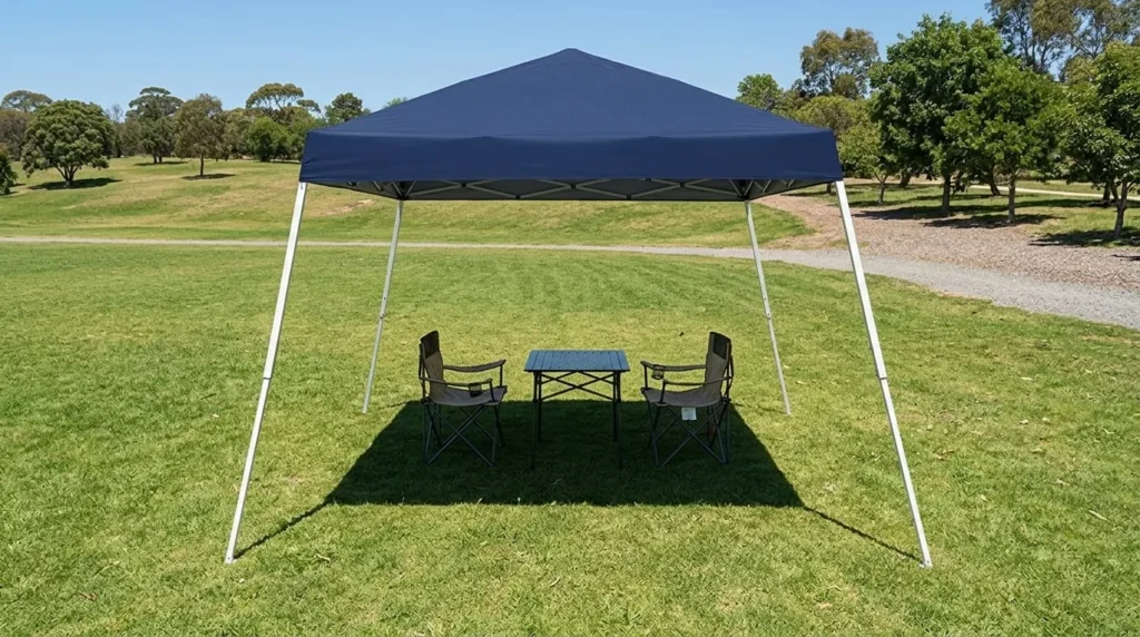 Oneofics slant leg canopy showing the 8x8 top over a 10x10 footprint from above