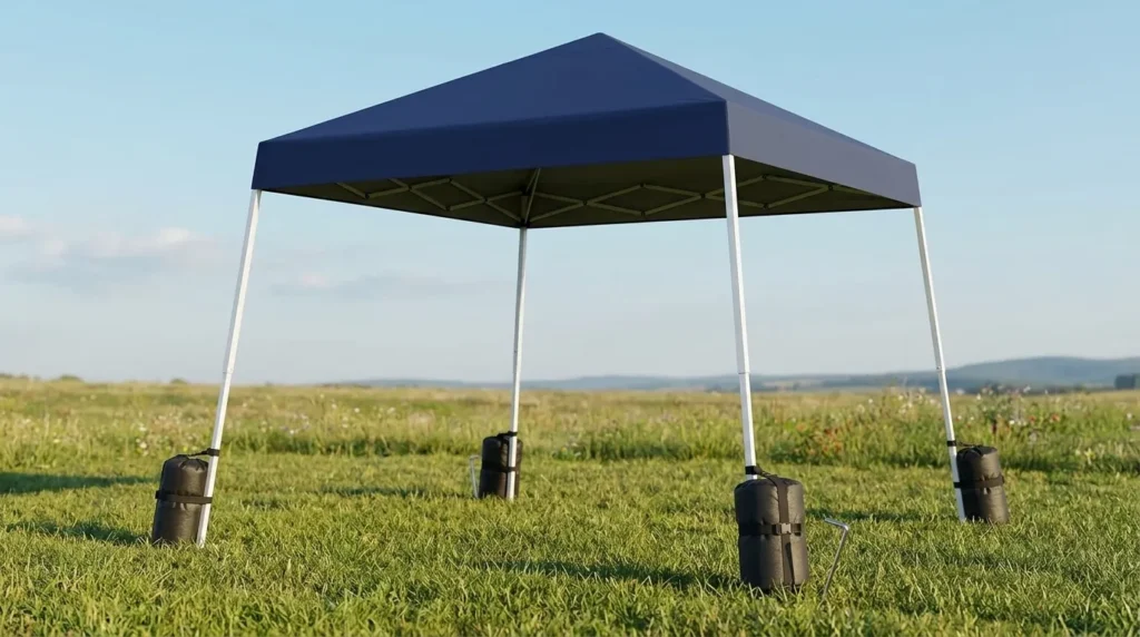 Oneofics slant leg canopy with extra weights and ground stakes on a calm day