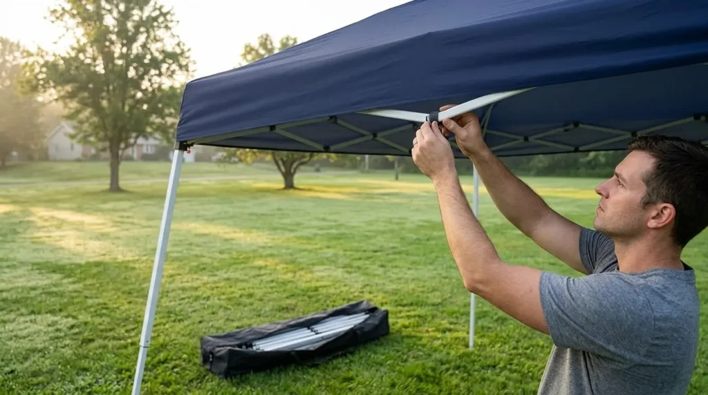 Fixing the velcro straps on the top of an Oneofics 10x10 slant leg canopy during setup