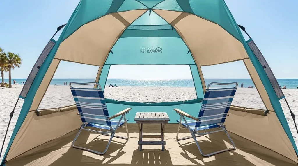 Interior space inside an OutdoorMaster pop up beach tent with chairs set up