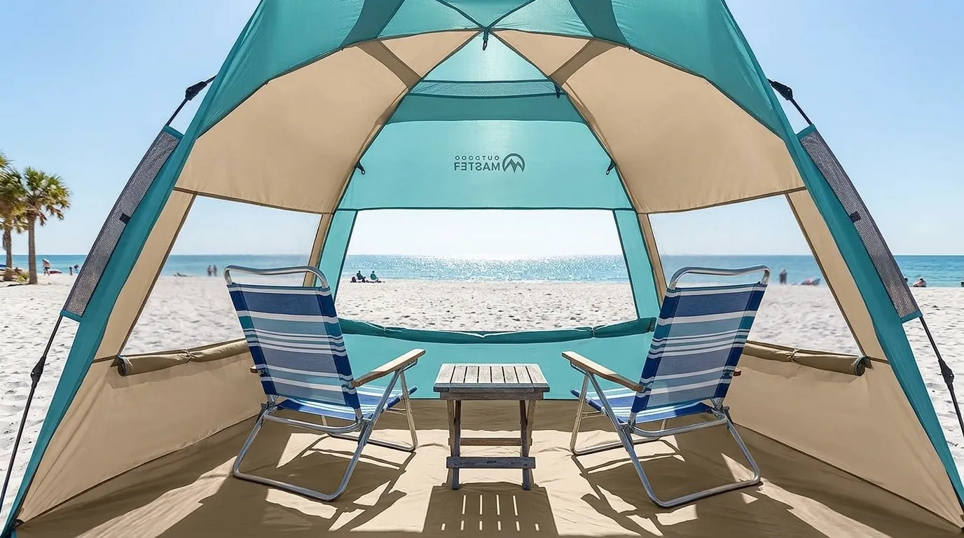 Interior space inside an OutdoorMaster pop up beach tent with chairs set up