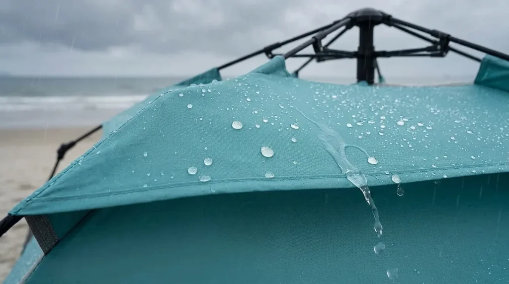 Water beading on the coated fabric of an OutdoorMaster pop up beach tent