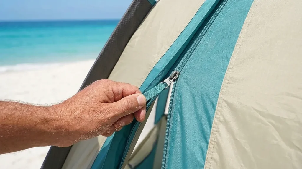 Zippered privacy door on an OutdoorMaster pop up beach tent
