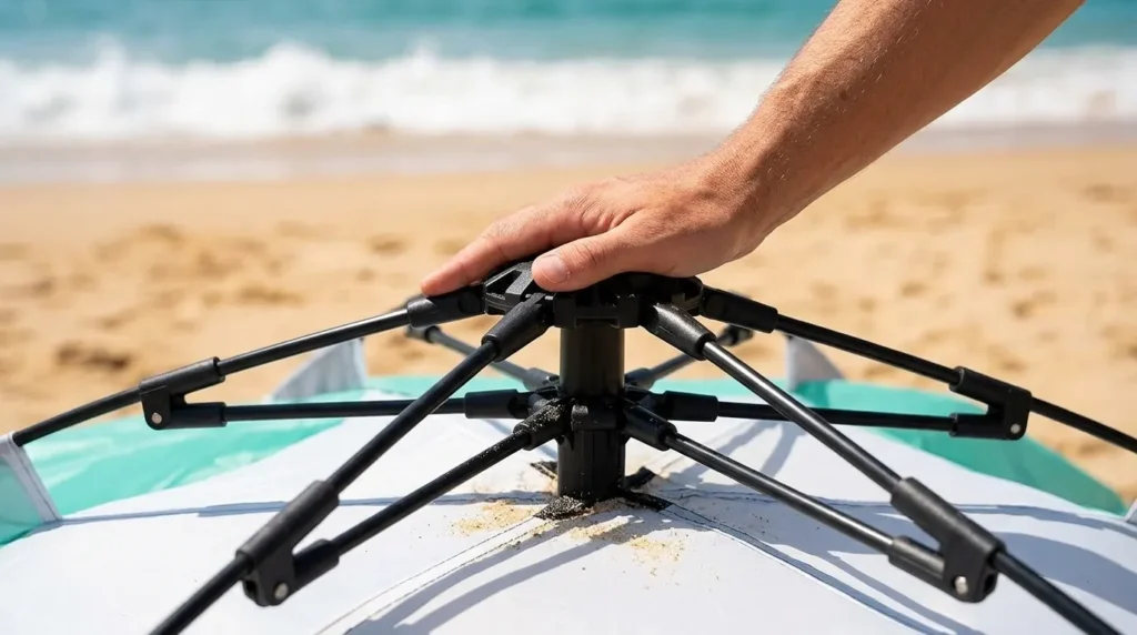 Pressing down the center hub on a pop up beach shade tent until the connectors lock