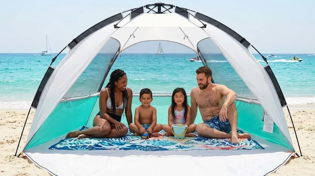 Family sitting inside a pop up beach shade tent from Mansader on the sand