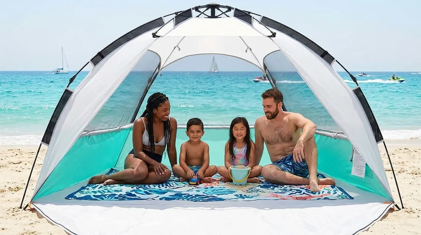 Family sitting inside a pop up beach shade tent from Mansader on the sand