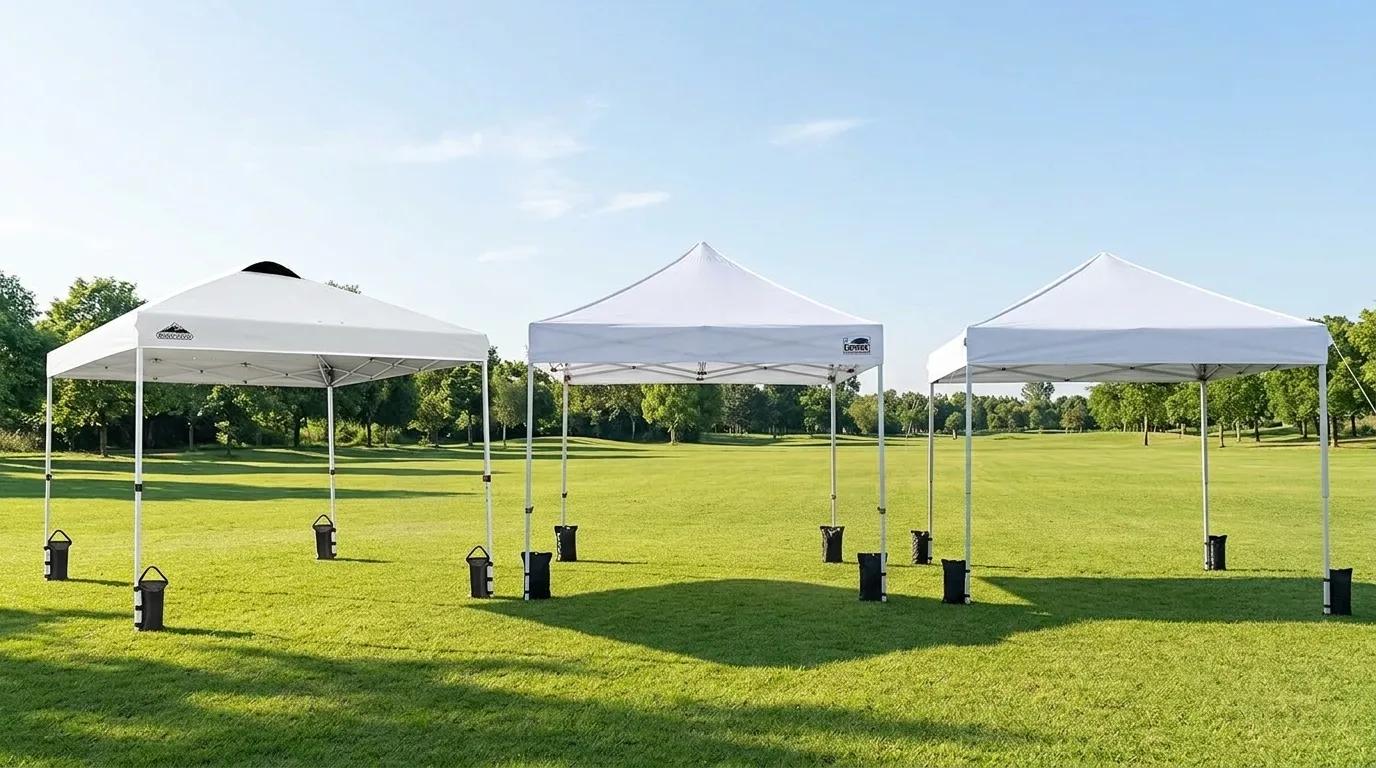 Eagle Peak, Eurmax USA, and Vinabilia pop up canopy tents set up side by side on a grass field