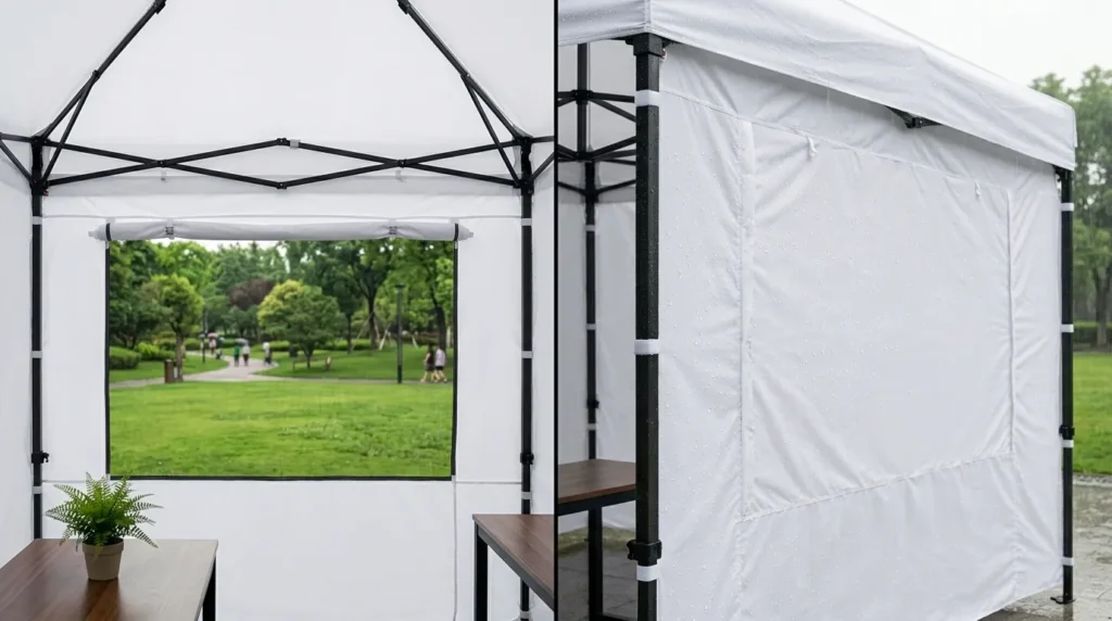 Quictent pop up canopy sidewall mesh window shown open for airflow and closed against rain