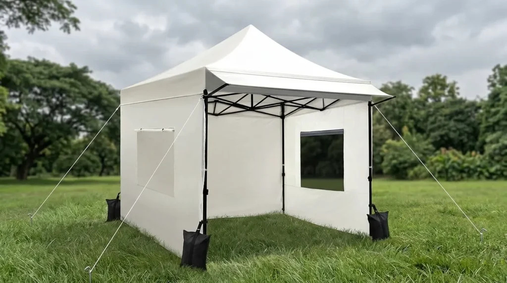 Quictent pop up canopy anchored with sandbags, stakes, and guy lines under a gray sky