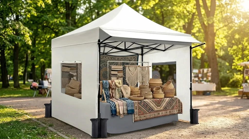 Quictent pop up canopy tent with three sidewalls set up as a vendor booth