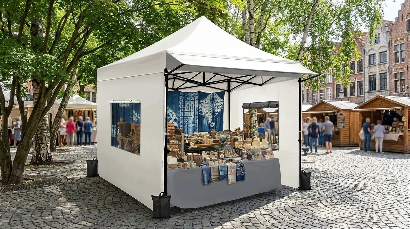 Quictent pop up canopy with three sidewalls and an awning set up as a vendor booth