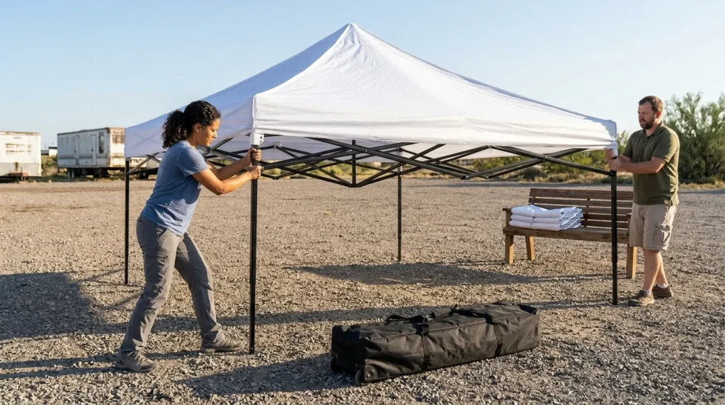 Two people extending the frame of a Quictent pop up canopy