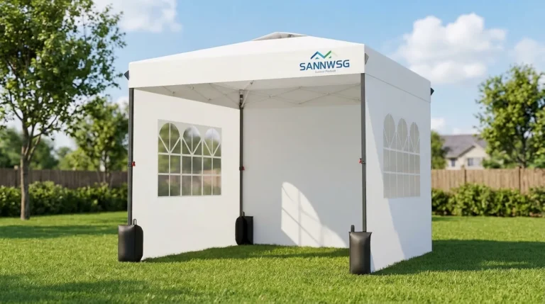 Sannwsg 10x10 ft pop up canopy tent with sidewall and arched windows set up on a lawn