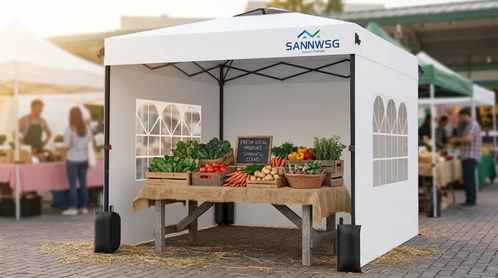 Arched windows on the sidewalls of a Sannwsg 10x10 ft pop up canopy tent with sidewall set up as a produce stand