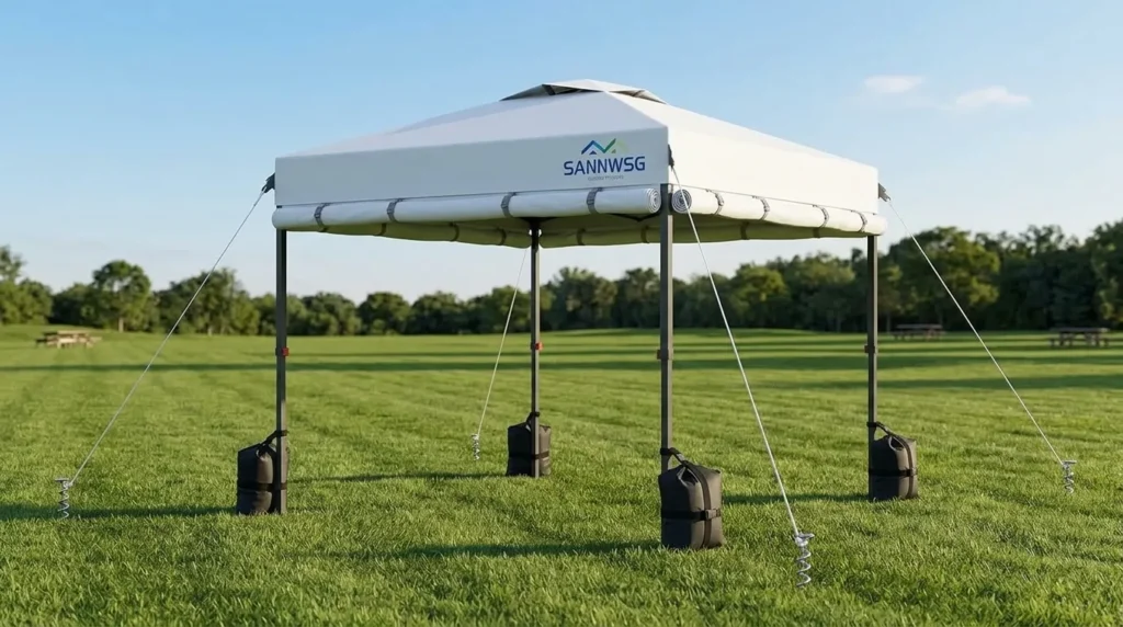 Sannwsg 10x10 ft pop up canopy tent with sidewall anchored with sandbags, wind ropes, and spiral nails on a breezy day