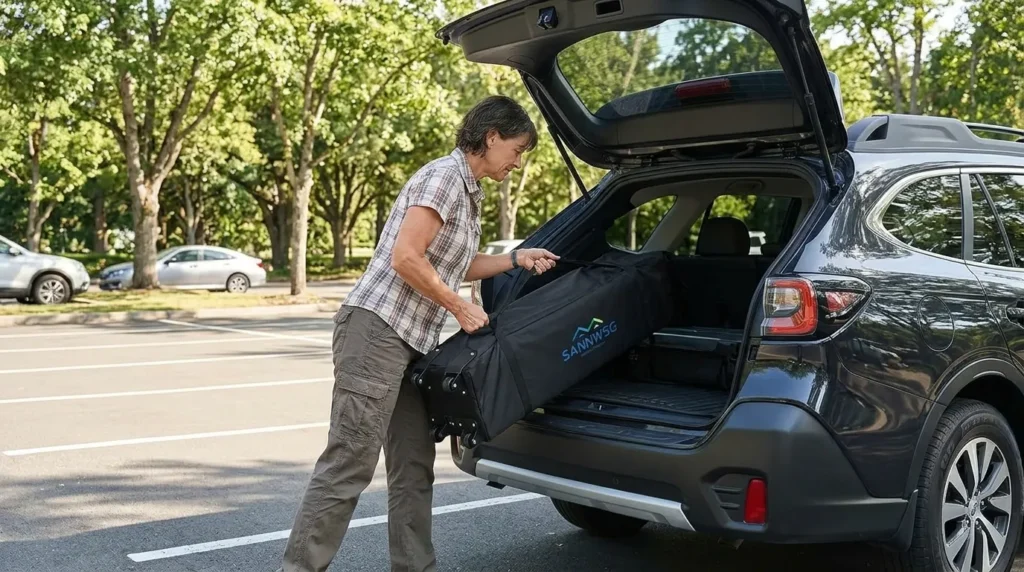 Loading the wheeled bag of a Sannwsg pop up canopy tent into a car trunk