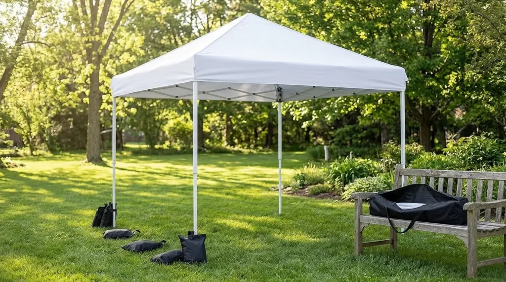 Vinabilia one push pop up canopy tent standing on a lawn to dry before storage
