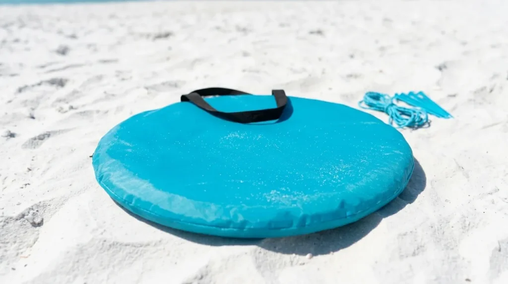 Folded Wakeman pop up beach tent in its bag with steel stakes and guy lines