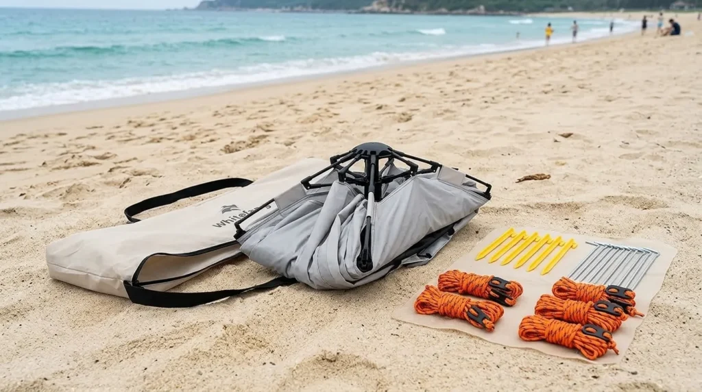 Carry bag and included accessories for a WhiteFang Deluxe pop up beach tent