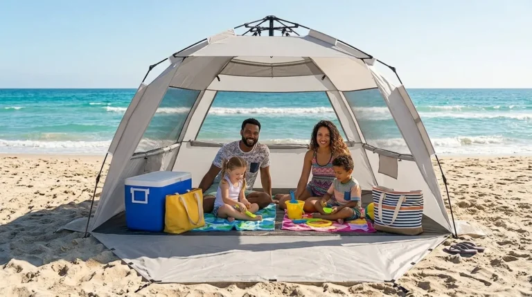 Family spread out inside a WhiteFang Deluxe pop up beach tent on the sand