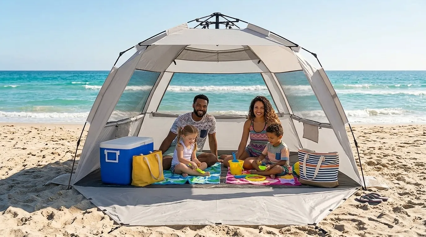 Family spread out inside a WhiteFang Deluxe pop up beach tent on the sand