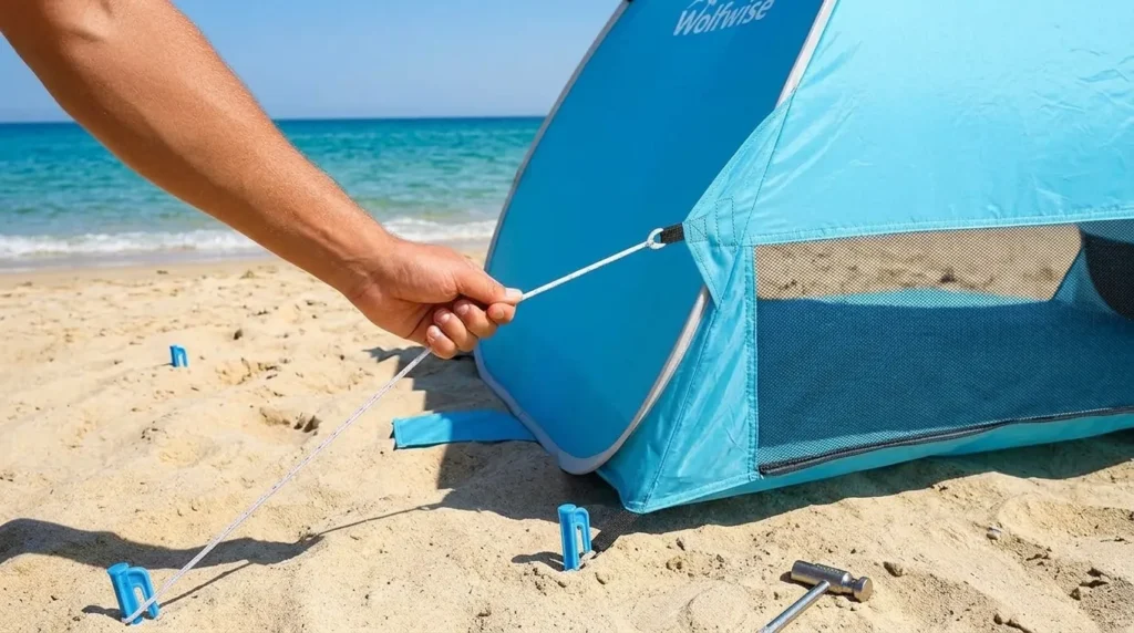 Anchoring a WolfWise pop up beach tent with a wind rope in breezy conditions