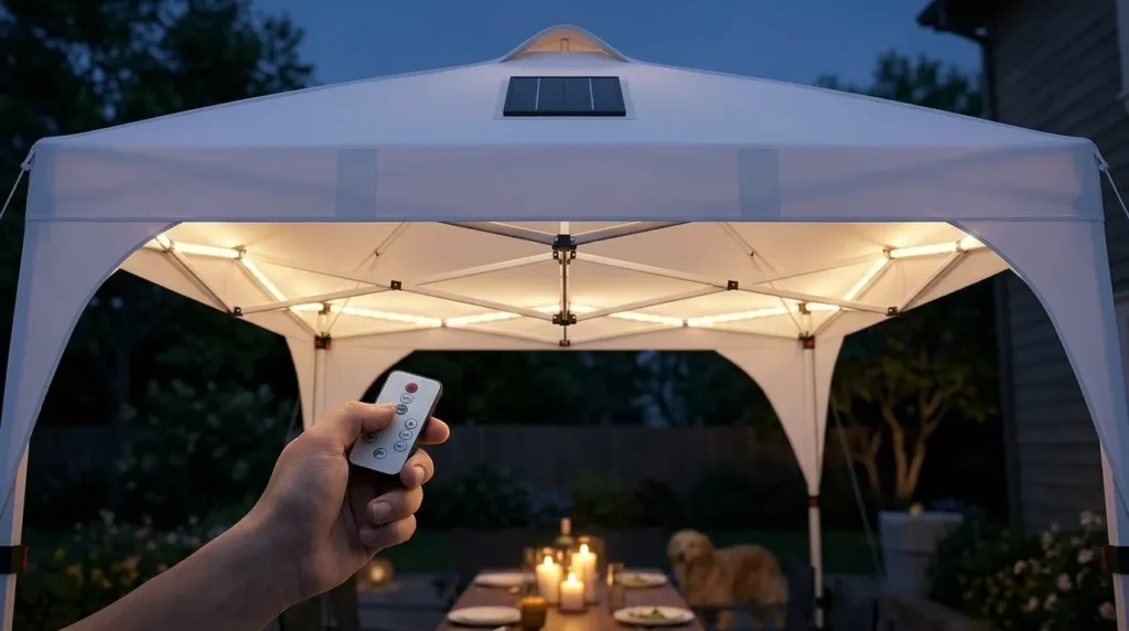 Remote control dimming the 17 solar LED lights on a Yaheetech canopy