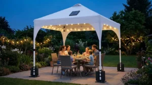 Yaheetech canopy with 17 solar LED lights glowing over a patio table at dusk