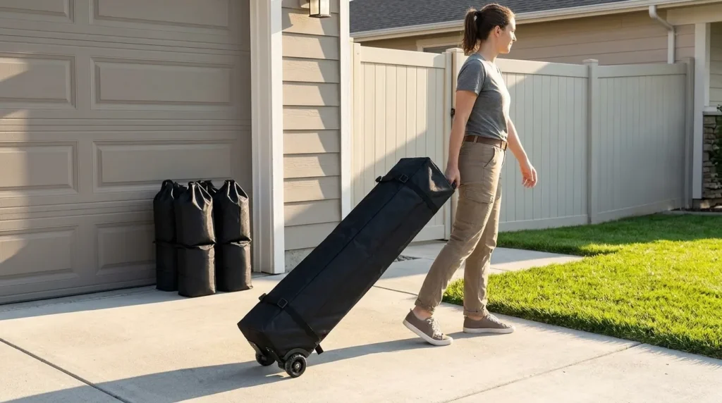 One person rolling the Yaheetech canopy wheeled roller bag across a driveway