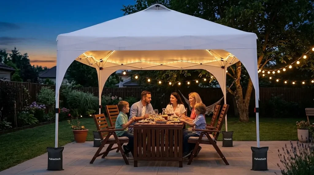 hHbetween cheap and premium pop-up canopy tent: Yaheetech pop up canopy tent glowing with solar LED lights over a patio dinner table